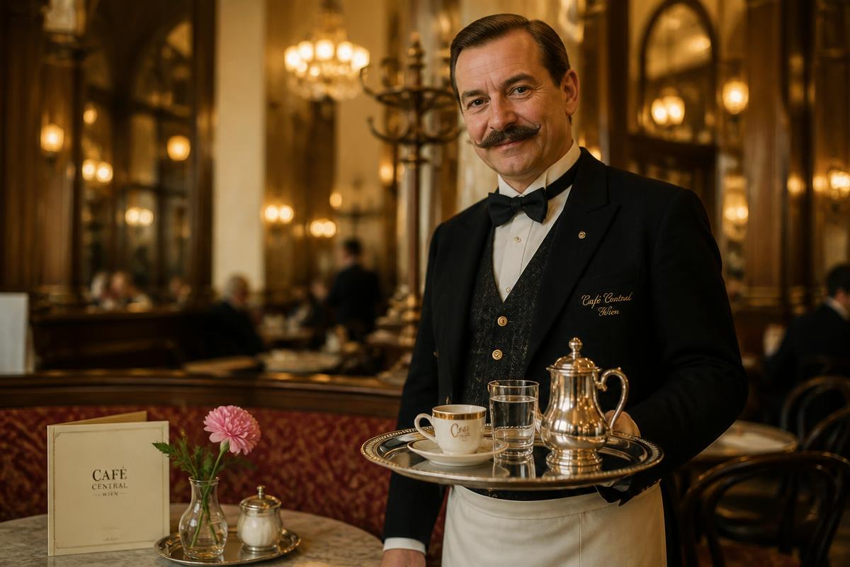 Traditioneller Wiener Kellner serviert Kaffee in elegantem Ambiente